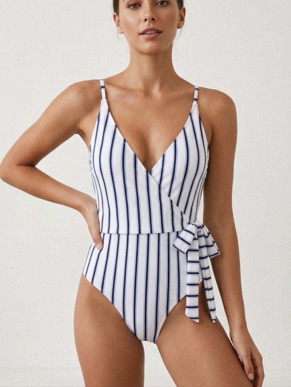 Cupshe White and Navy Vertical Stripe One-Piece with Side Tie Lg